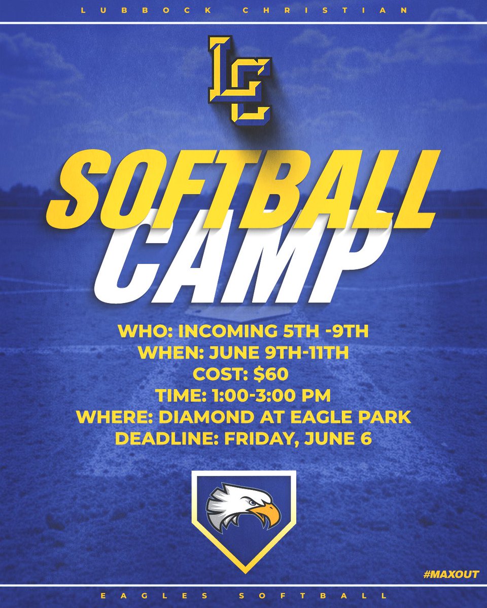 LC Athletic Department (@lchseagles) on Twitter photo LC Youth Softball Camp๐ฆ
๐ฅ
WHO: INCOMING 5TH - 9TH GRADES
WHEN: JUNE 9TH-11TH
COST: $60
TIME: 1:00-3:00 PM
WHERE: LCHS DIAMOND AT EAGLE PARK
DEADLINE: FRIDAY, JUNE 6
All schools welcome to attend
forms.office.com/r/t9qtPuqqW9
<a href="/LCEagleSB/">LC Eagle Softball</a> LC Youth Softball Camp๐ฆ
๐ฅ
WHO: INCOMING 5TH - 9TH GRADES
WHEN: JUNE 9TH-11TH
COST: $60
TIME: 1:00-3:00 PM
WHERE: LCHS DIAMOND AT EAGLE PARK
DEADLINE: FRIDAY, JUNE 6
All schools welcome to attend
forms.office.com/r/t9qtPuqqW9
<a href="/LCEagleSB/">LC Eagle Softball</a>