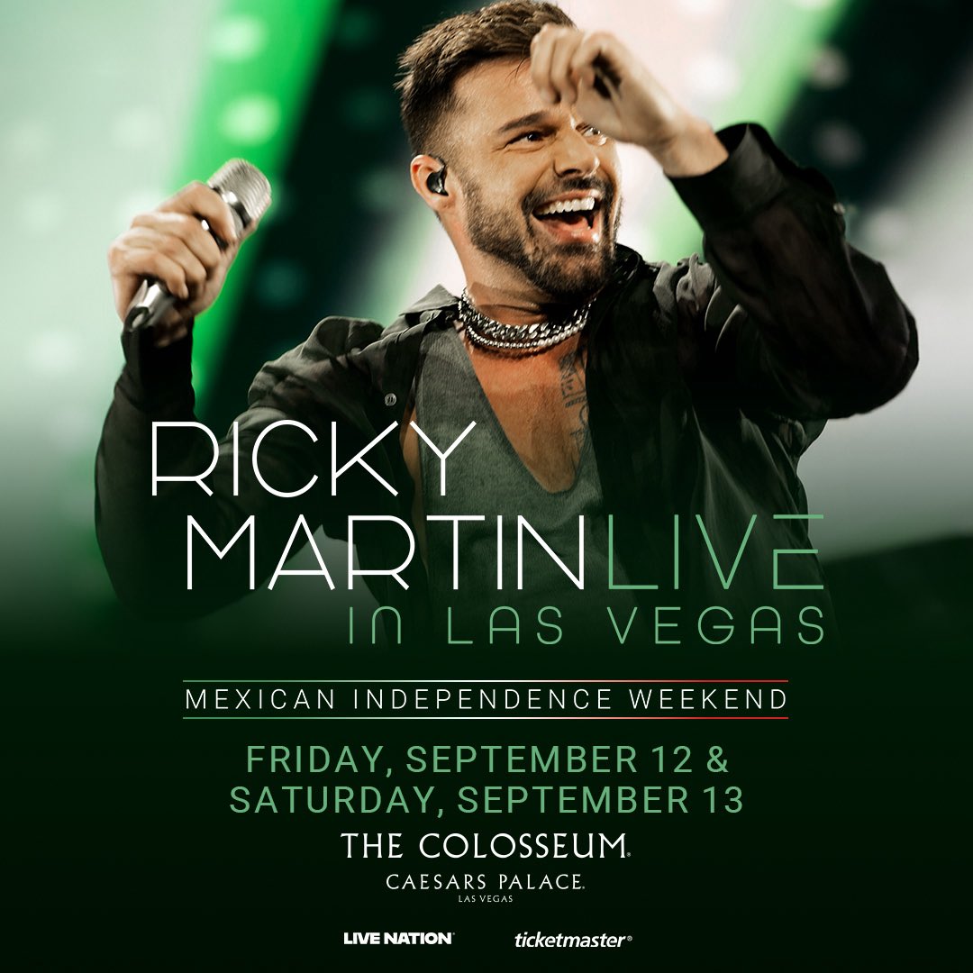 LiveNationVegas's tweet photo. JUST ANNOUNCED: Global superstar @ricky_martin is taking the stage at @ColosseumatCP for two exhilarating performances over Mexican Independence Weekend on September 12 &amp; 13! Tickets on sale this Friday at 10 AM PT. 

🎟️: https://t.co/pzm9PskSmK https://t.co/Hu2o4FkxwD