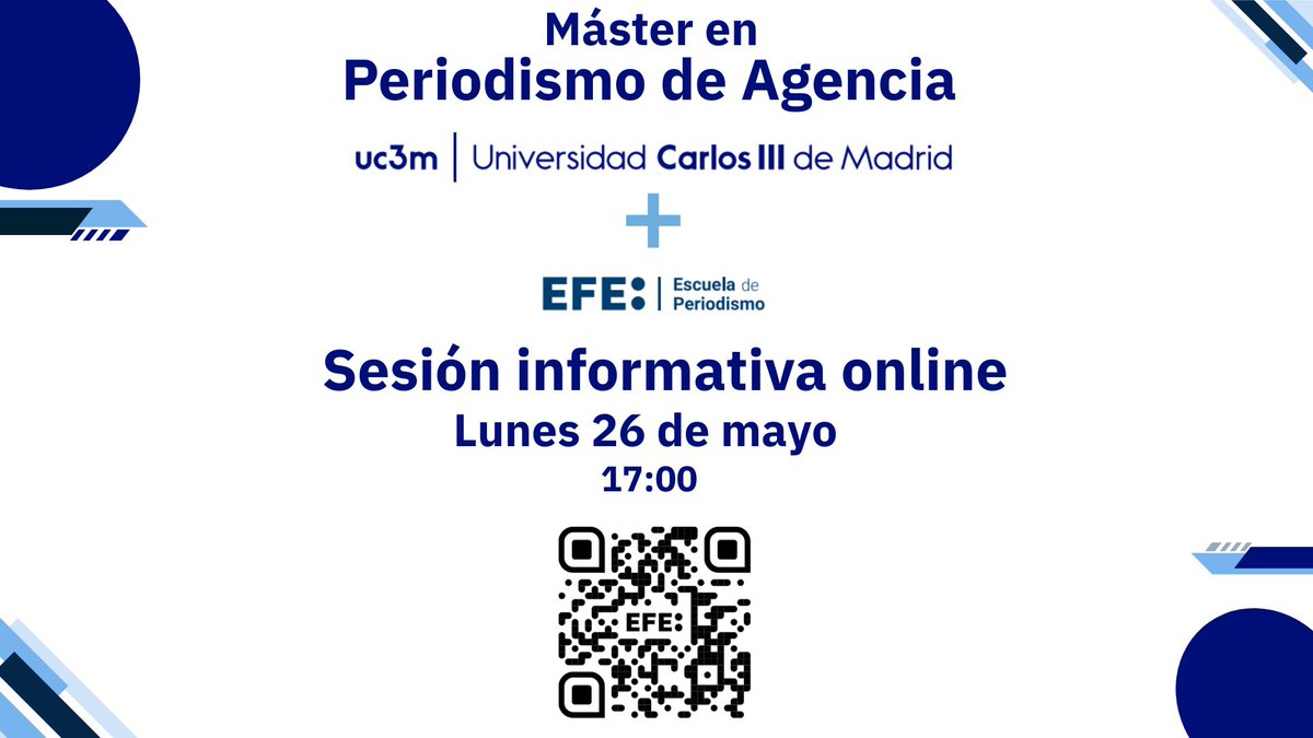 Eva Herrero (@evaherrero) on Twitter photo Si todavía necesitas más información para matricularte en Máster en Periodismo de Agencia <a href="/EFEescuela/">EFE Escuela</a> y <a href="/master_uc3m/">Master - UC3M</a> el próximo lunes 26 resolvemos tus dudas. Últimas plazas, inscripciones aquí: uc3m.es/formacion-perm… Si todavía necesitas más información para matricularte en Máster en Periodismo de Agencia <a href="/EFEescuela/">EFE Escuela</a> y <a href="/master_uc3m/">Master - UC3M</a> el próximo lunes 26 resolvemos tus dudas. Últimas plazas, inscripciones aquí: uc3m.es/formacion-perm…