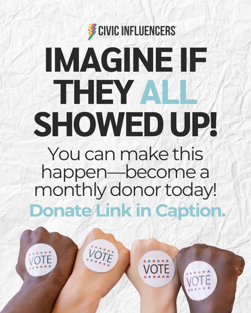 1 in 3 voters is a young person. What if they all voted? 🗳️ Support the movement driving Gen Z turnout.
Monthly donors make it happen:
[civicinfluencers.org/monthly-giving]
#PowerOfTheYouth #TurnoutMatters #CivicInfluencers