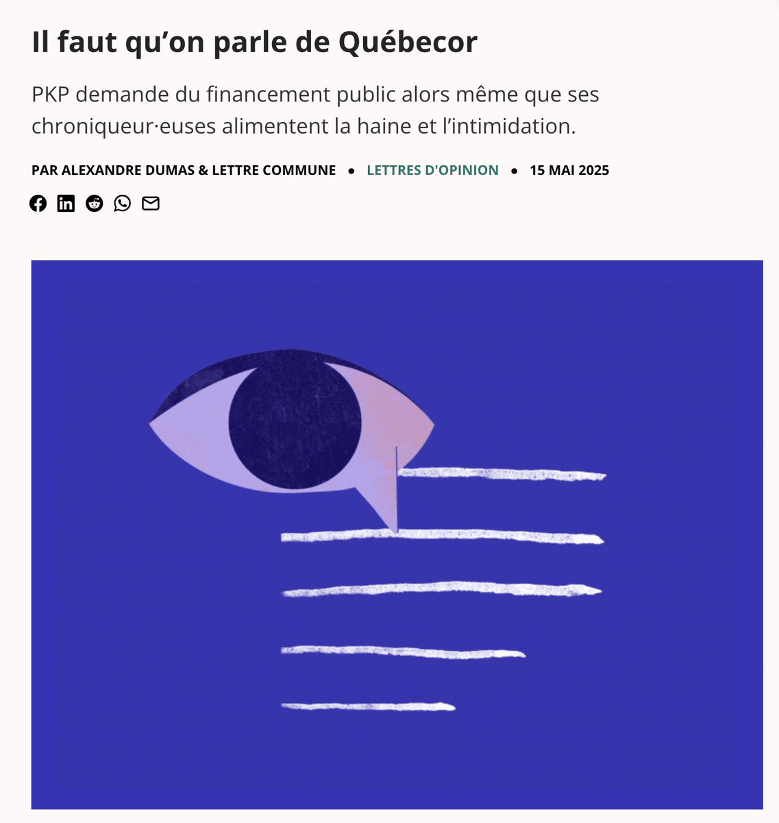 Ce texte d'Alexandre Dumas et signé par 6700 personnes et plus soulève des points importants sur le rôle des médias et la façon dont ils doivent agir.
L'auteur critique <a href="/Quebecor/">Québecor</a> parce que certains de ses chroniqueurs utilisent parfois un langage blessant ou provocateur. C’est