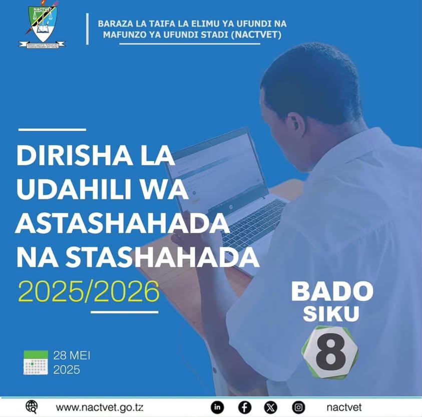 nactvetZ's tweet photo. Dirisha la Udahili kwa ngazi ya Astashahada na Stashahada litafunguliwa tarehe 28 Mei,2025. @wizara_elimuTz https://t.co/kYmCZxGpI1
