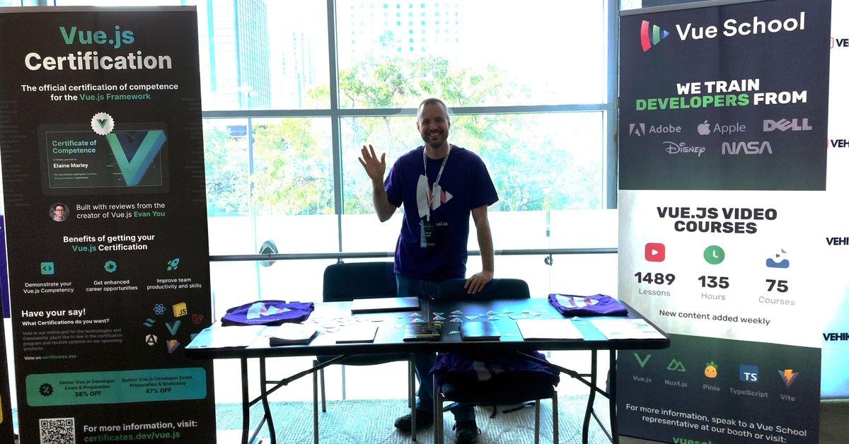 Vue School (@vueschool_io) on Twitter photo Are you at <a href="/vueconfus/">Vueconf.US</a>?
Visit Vue School's booth to meet <a href="/danielkelly_io/">Daniel Kelly</a>!
He might have some cool swag for you! 👀 Are you at <a href="/vueconfus/">Vueconf.US</a>?
Visit Vue School's booth to meet <a href="/danielkelly_io/">Daniel Kelly</a>!
He might have some cool swag for you! 👀