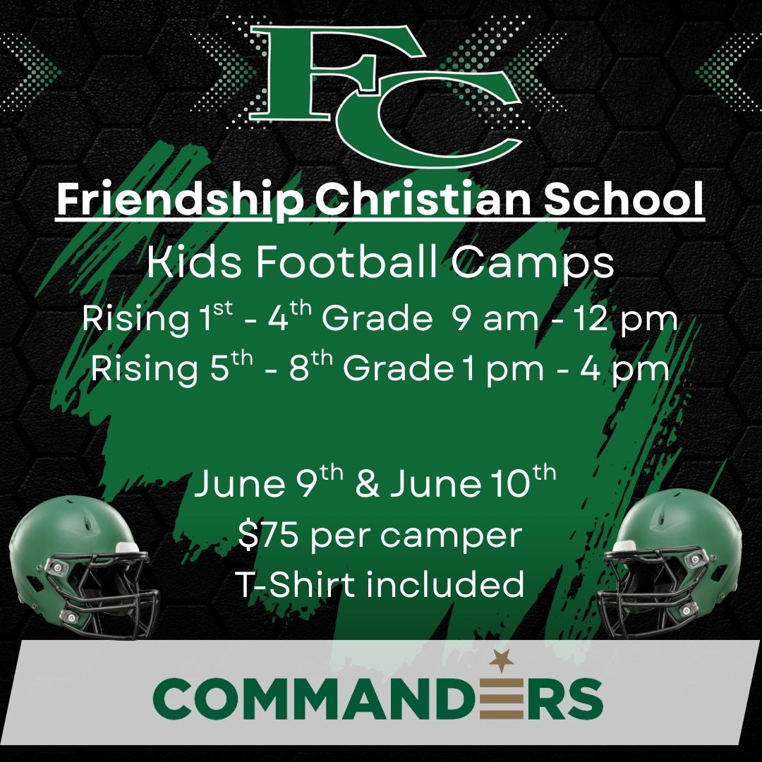 This summer we will be running a 2-day youth football camp here at Friendship Christian School. The focus will be on football fundamentals, introduction to skills, &amp; as well as having fun! All other info is on the flyer below. Here is the link to register: form.jotform.com/251385339798171