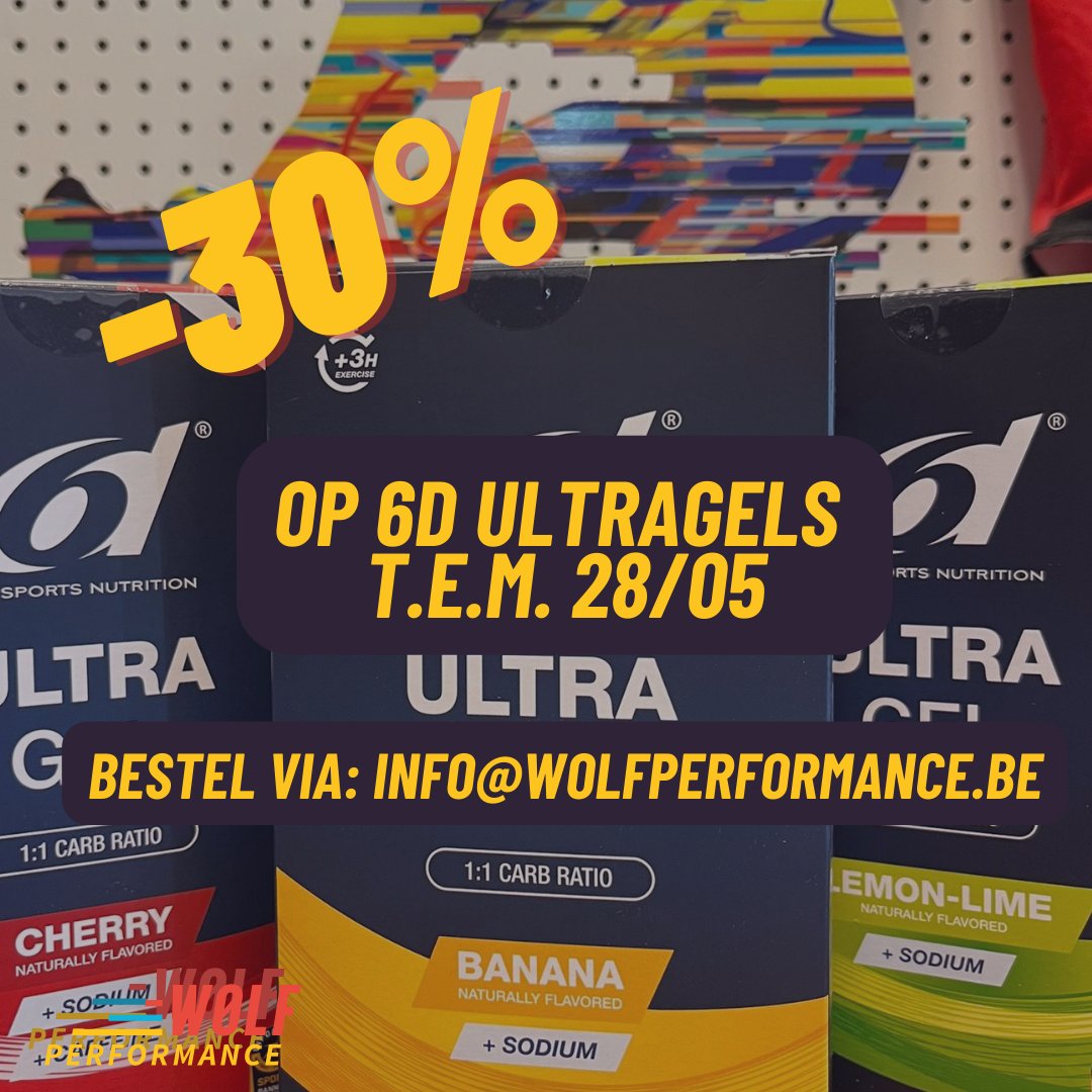 NIEUW!
De populaire 6d Ultragels zijn er nu in 3 gloednieuwe smaken: 
🍌  🍒 🍋
Om dit te vieren krijg je t.e.m 28/05 liefst 30% korting op alle 6d Ultragels bij Wolf Performance! 
📩Bestellen? mail naar info@wolfperformance.be en wij zetten de bestelling klaar in Leuven.