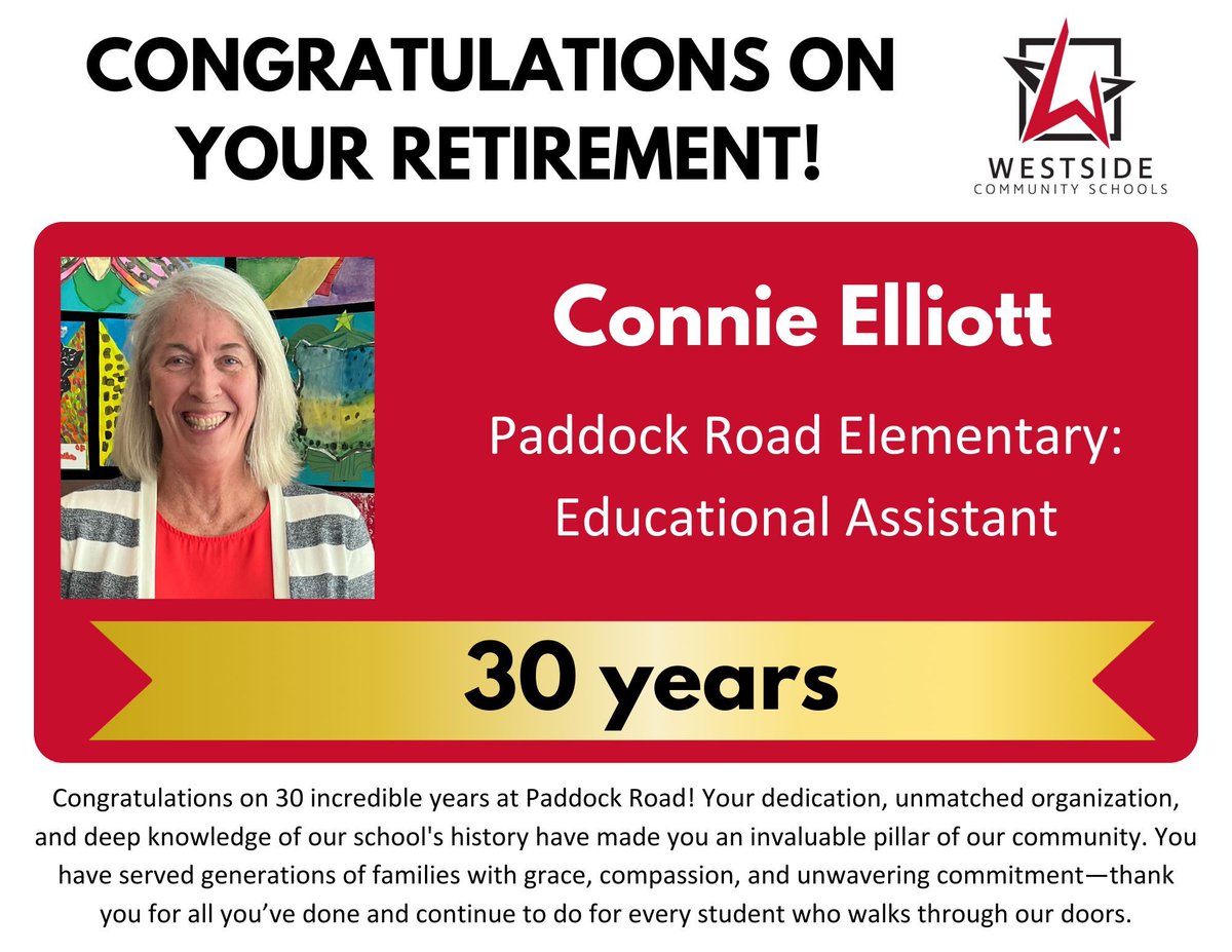 We would like to take a moment to thank the retirees who have helped Westside Community Schools maintain our reputation for innovation, community and dedication to excellence. 
We hope the next chapter of your life is filled with joy and happiness. 

#WorkAtWestside