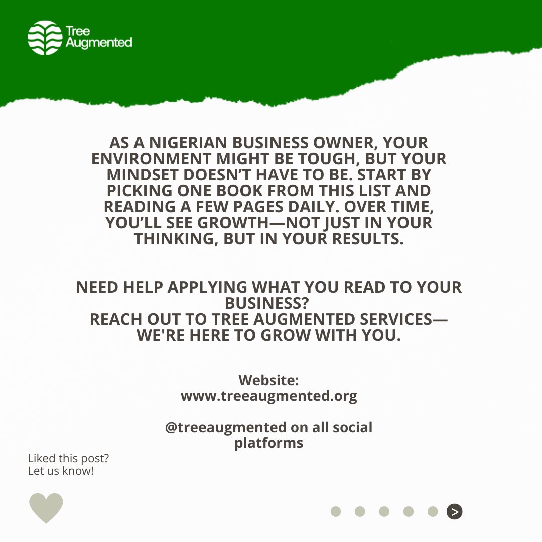treeaugmented's tweet photo. From Akin Alabi’s How to Sell to Nigerians to Arese Ugwu’s Smart Money Woman, these reads are your shortcut to wisdom, growth, and resilience.

#EntrepreneurNigeria #BusinessBooks #SmallBusinessTips #NigerianEntrepreneurs #SMENigeria #TreeAugmented #BusinessGrowthTips https://t.co/g6t5RR5J7q