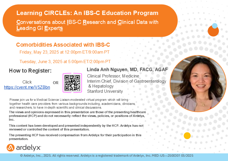 ArdelyxMedical's tweet photo. Join us this week for our upcoming Learning CIRCLE! This Friday, May 23rd and on June 3rd, Dr. Linda Anh Nguyen will discuss comorbidities with #IBSC. Check out our invitation to register via the QR Code or link below!
Register here: https://t.co/aVZRJtgw6K
#GI #Gastroenterology https://t.co/SKJuxPmO3J