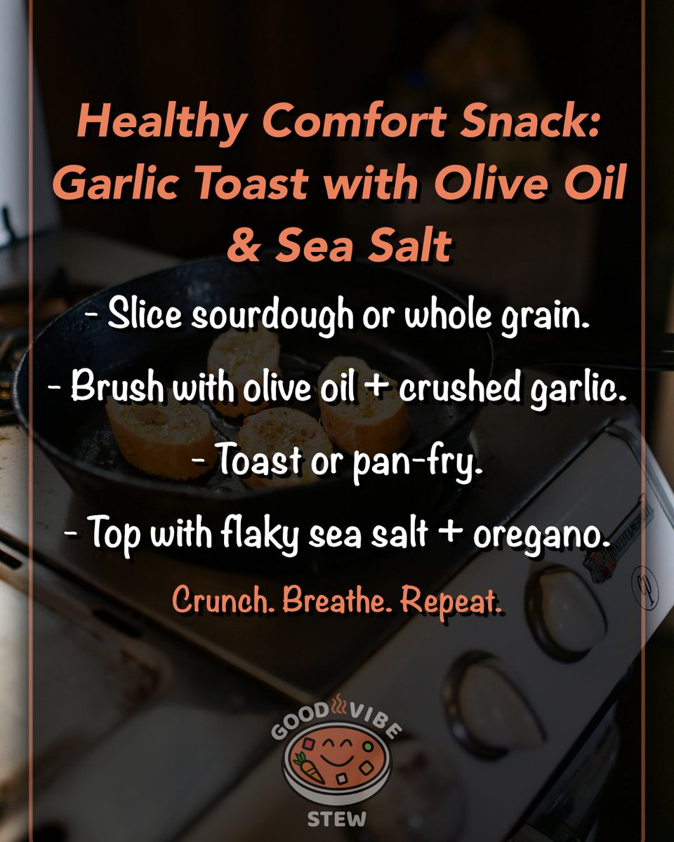 GoodVibeStew's tweet photo. This simple snack is grounding, nourishing, and full of flavour…without the heaviness. Olive oil, garlic, sea salt, and a little crunch go a long way.

#GoodVibeStew #ComfortFood #HealthySnacks #GarlicToast #SimpleRecipes #CozyEats #MindfulEating #FeelGoodFood #WellnessKitchen https://t.co/yCVgIGTcCH