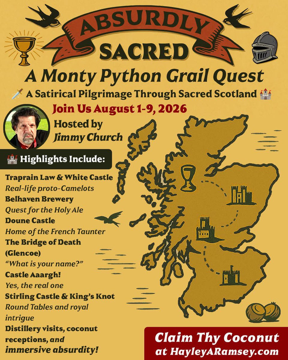 hayleyaramsey's tweet image. Get ready for the most outrageously legendary journey through Scotland!
Monty Python & The Holy Grail: The Ultimate Quest in Scotland 🏴
August 1–9, 2026 | Hosted by Jimmy Church & Hayley A. Ramsey
Join us as we retrace the ridiculous and mysterious steps of King Arthur and his…