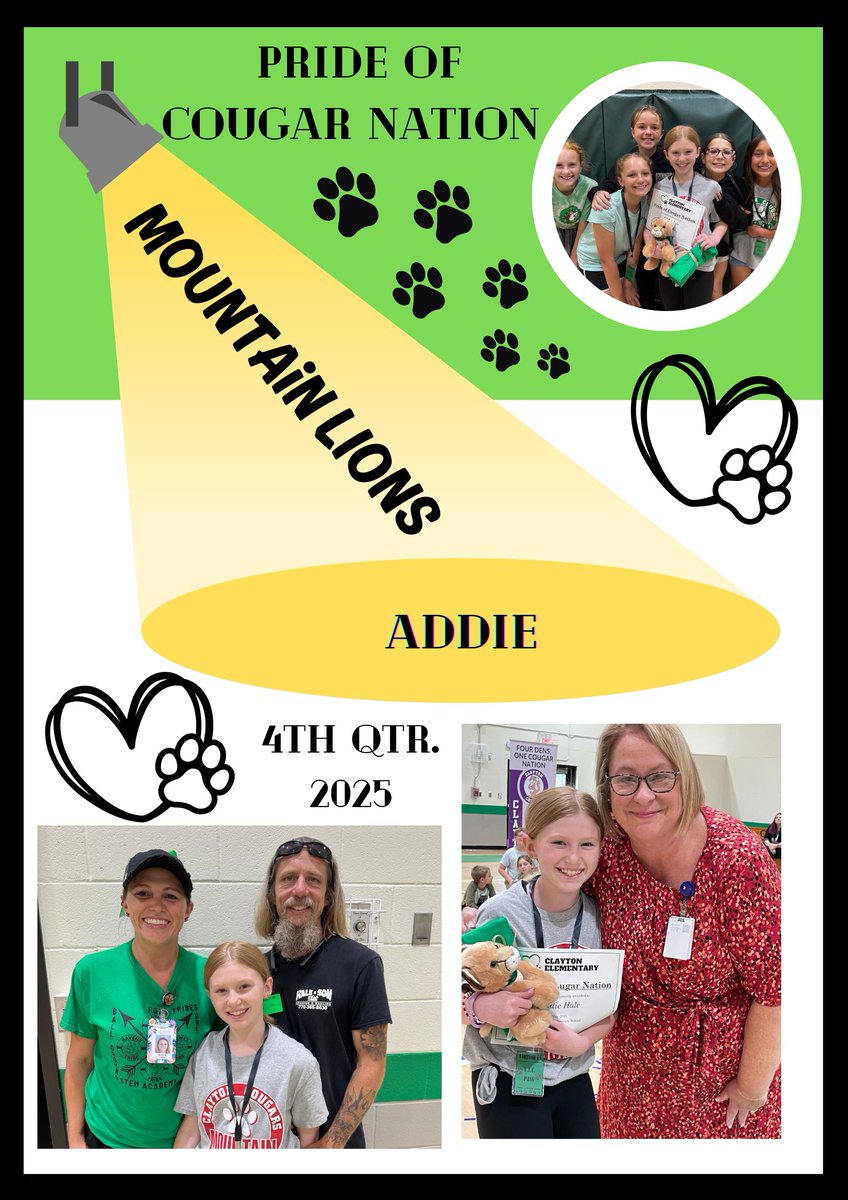 Clayton Elementary (@claytoncougars) on Twitter photo Congratulations to our 4th Quarter Pride of Cougar Nation! She was chosen because she embodies a kind and joyful spirit, consistently showing consideration for others and their feelings. <a href="/CherokeeSchools/">Cherokee Co. Schools</a> #CESfam #ClaytonCougarNation Congratulations to our 4th Quarter Pride of Cougar Nation! She was chosen because she embodies a kind and joyful spirit, consistently showing consideration for others and their feelings. <a href="/CherokeeSchools/">Cherokee Co. Schools</a> #CESfam #ClaytonCougarNation