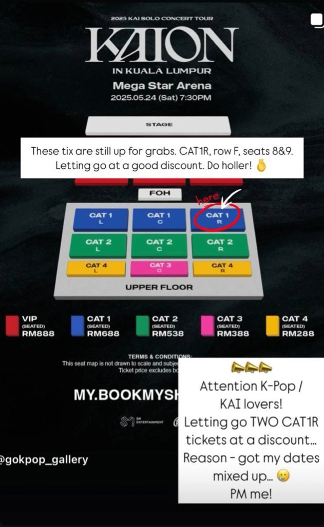 putrijaf's tweet photo. ‼️ WTS 2025 KAI SOLO CONCERT TOUR - KAION IN KUALA LUMPUR TICKETS ‼️

🎫 2 x CAT1 R (Row F, seats 8 &amp; 9)
💵 2 for RM1,100 (RM550 each!)

DM if interested. Serious buyer only. No scammers please.

#KAIONinKL #KAIinKL #KAIinMY #KAIinMalaysia #KimKai #KaiEXO #weareoneEXO #pasarexo https://t.co/mUY3dCdXcU