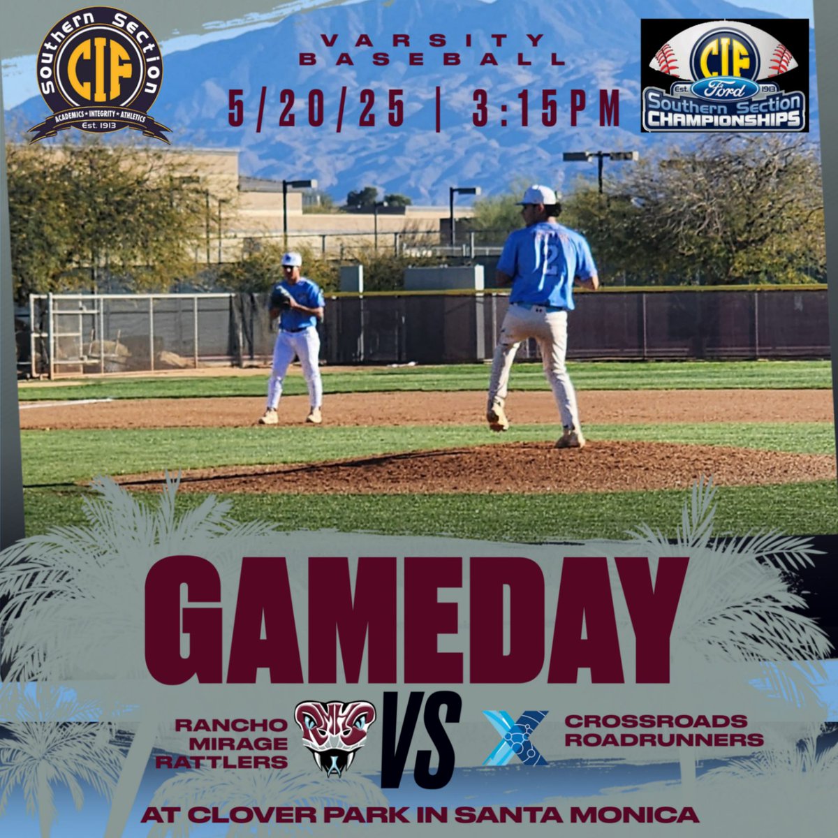 Our Rattler Baseball team will be traveling to Santa Monica today for a 2nd round CIF match up vs Crossroads High School. GO RATTLERS!!