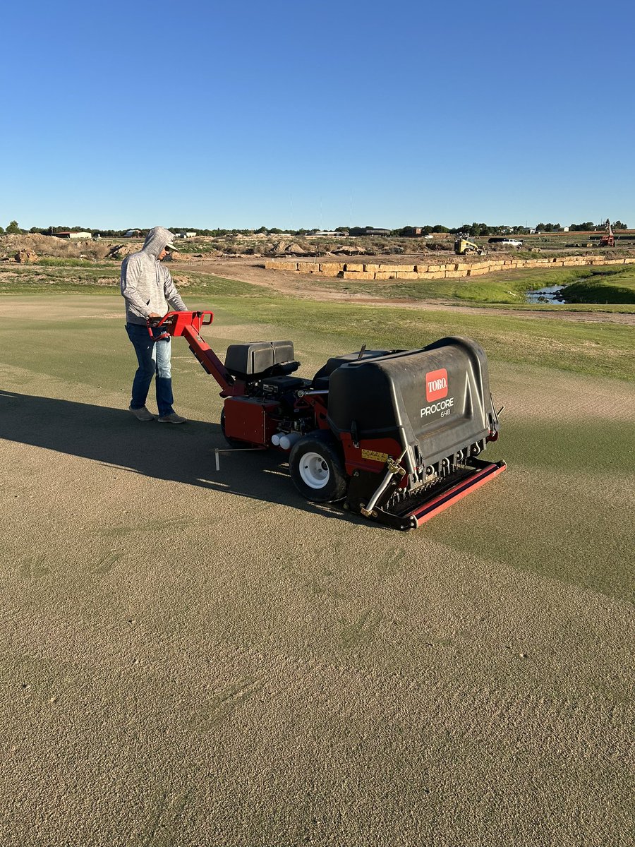 Had_Reynolds's tweet photo. Beautiful morning for a couple cultural practices. Light topdressing with a 4.5”  deep needle tine https://t.co/A4wc7RyhID