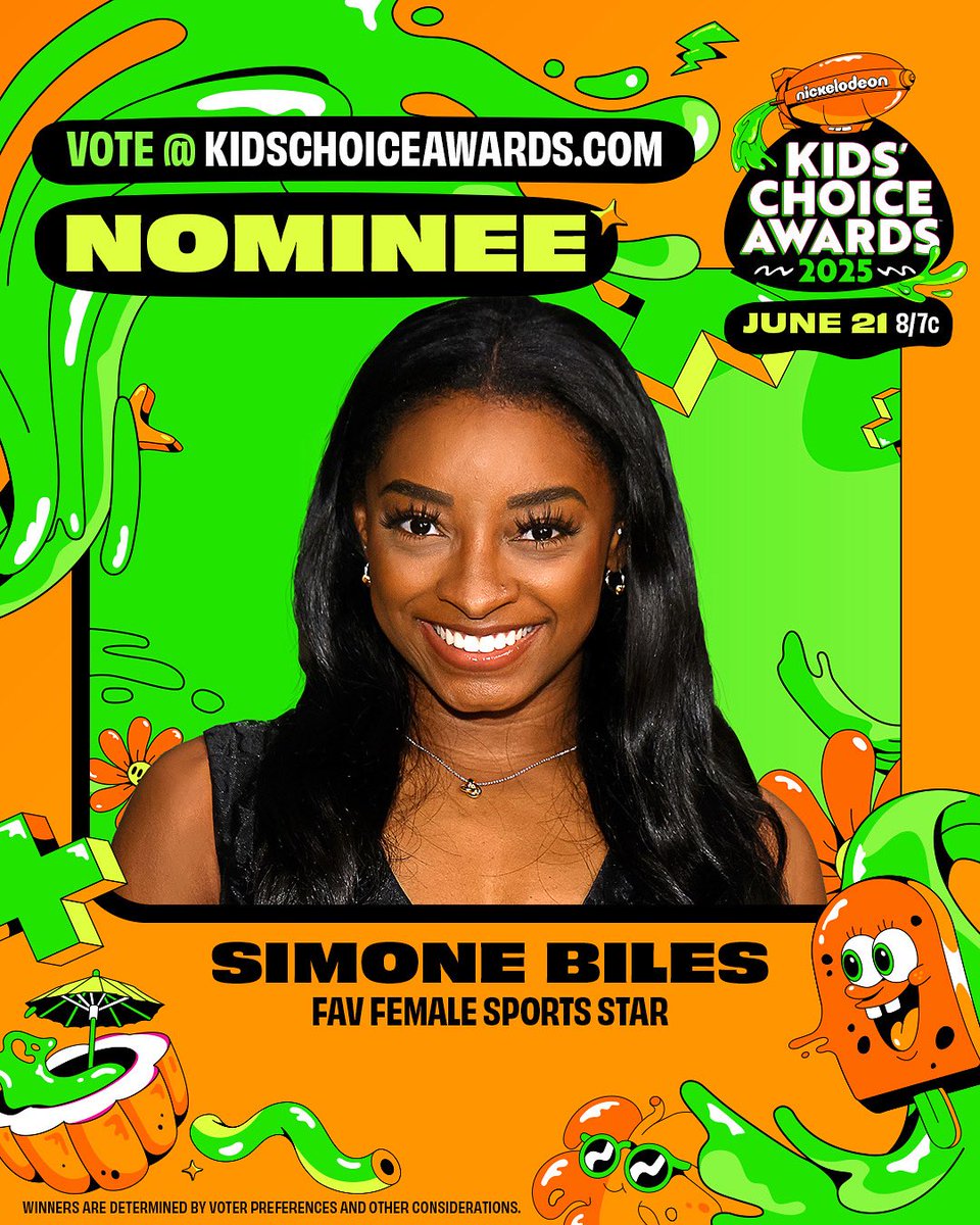 Octagon Olympics & Action Sports (@octagonoas) on Twitter photo Congratulations, <a href="/Simone_Biles/">Simone Biles</a>, for being nominated for <a href="/Nickelodeon/">Nickelodeon</a>’s Kids Choice Awards Fave Female Sports Star! 💚🌟 kidschoiceawards.com Congratulations, <a href="/Simone_Biles/">Simone Biles</a>, for being nominated for <a href="/Nickelodeon/">Nickelodeon</a>’s Kids Choice Awards Fave Female Sports Star! 💚🌟 kidschoiceawards.com