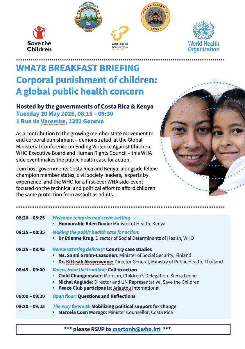 Powerful discussion to raise awareness at our #WHA78 side event on "Corporal punishment of children: A global public health concern"  together with the Governments of Kenya, Thailand, Finland and Colombia. The message is clear: It's time to #EndCorporalPunishment