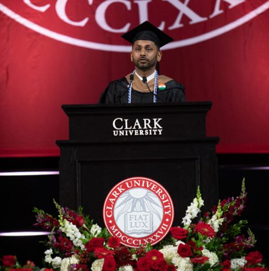 CUBSchool's tweet photo. Wonderful words from the @ClarkUniversity  Graduate Commencement student speaker, Kumar Gaurav, MBA. And having the fun, dynamic, world-renowned journalist @arishapiro as guest speaker was an honor as well. Great day celebrating our business graduates! https://t.co/mf51U6Qfv5 https://t.co/ZIO268kiih