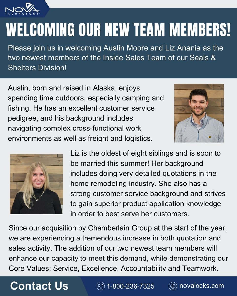 novalocks_usa's tweet photo. Please join us in welcoming Austin and Liz to the NOVA Team!
#Welcome #NovaTechnology #SealsAndShelters #LoadingDockSafety https://t.co/DhtwGJrYWS