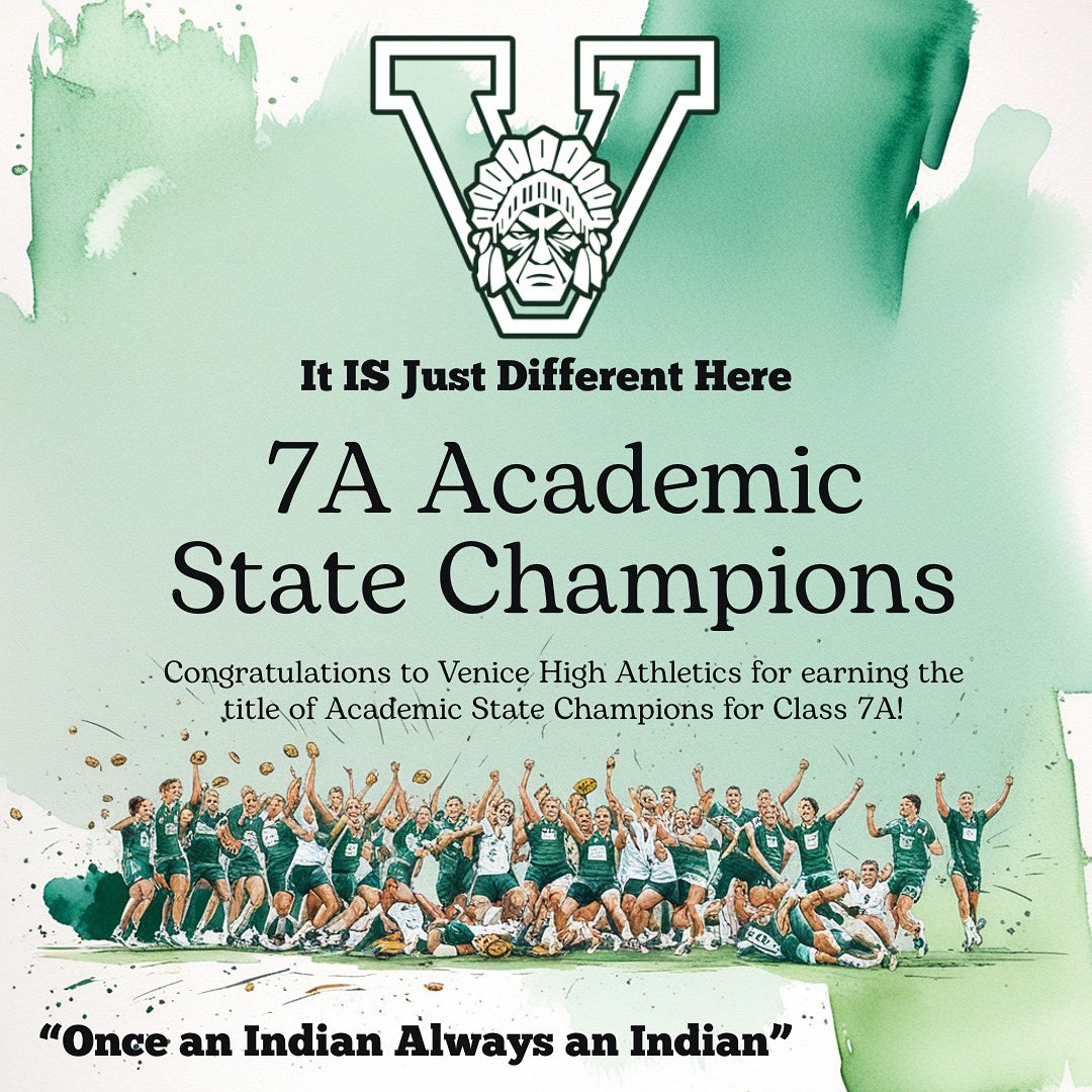Venice HS Athletics (@vhsindiansports) on Twitter photo 🏆📚 #1 IN THE STATE! 📚🏆
Congratulations to Venice High Athletics —  named Florida’s #1, Class 7A Academic State Champion!
This honor reflects the dedication, discipline, & determination of our student-athletes, coaches, & staff. Excellence in competition & the classroom! 🏆📚 #1 IN THE STATE! 📚🏆
Congratulations to Venice High Athletics —  named Florida’s #1, Class 7A Academic State Champion!
This honor reflects the dedication, discipline, & determination of our student-athletes, coaches, & staff. Excellence in competition & the classroom!