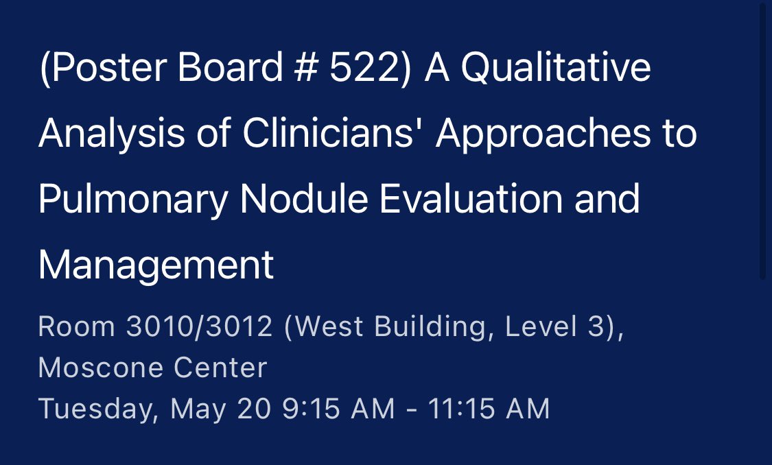 Join us for this exciting #ATS2025 session starting soon! I’ll be presenting some of our recent qualitative work assessing clinicians’ approaches to pulmonary nodule evaluation and management.