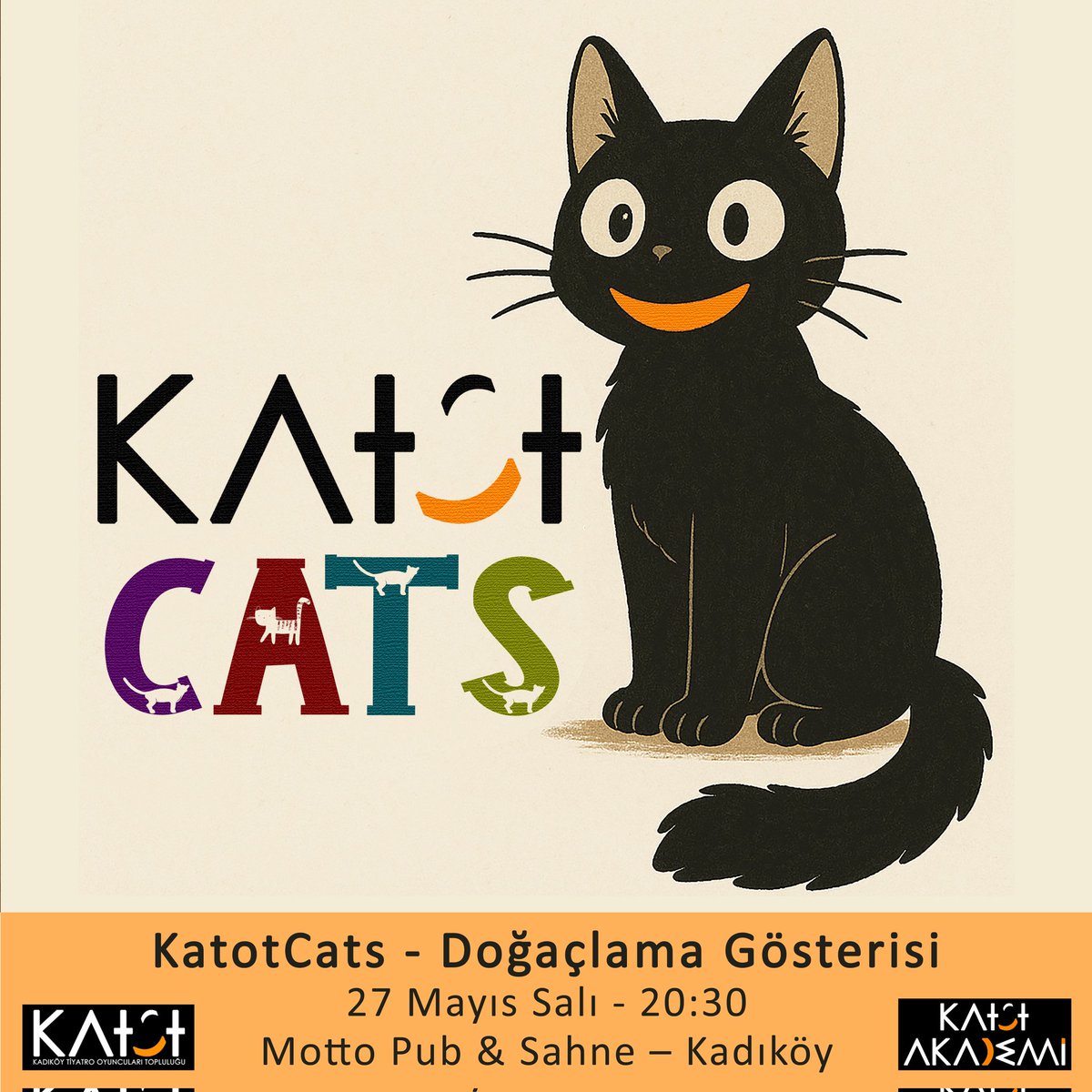 -Katot Akademi-nin “Doğaçlama ve Anlık Yaratıcılık” dersi öğrencileri olarak 27 Mayıs Salı akşamı 20:30’da Kadıköy Motto’da ilk performansımızı sergileyeceğiz.

27 Mayıs Salı - 20:30
Motto Pub &amp; Sahne – Kadıköy <a href="/mottosahne/">Motto Sahne</a>

Biletler: biletinial.com/tr-tr/tiyatro/…

Yaş Sınırı: +18