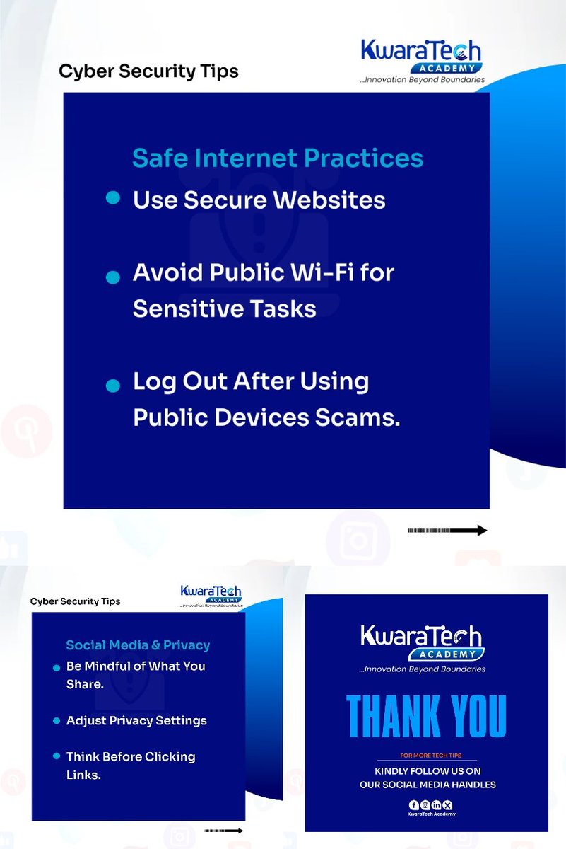 Kwaratechacad's tweet photo. Tuesday Tech Tips: Stay Safe Online!

Cyber threats are real, but with the right habits, you can stay secure.
From using strong passwords to being smart on social media, these basic #cybersecurity tips can go a long way.
Protect yourself, your data&amp;your devices! #tuesdaytechtips https://t.co/SnWeBrK9Sp