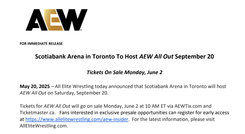 AEW confirms All Out PPV will be in Toronto on Sept 20.