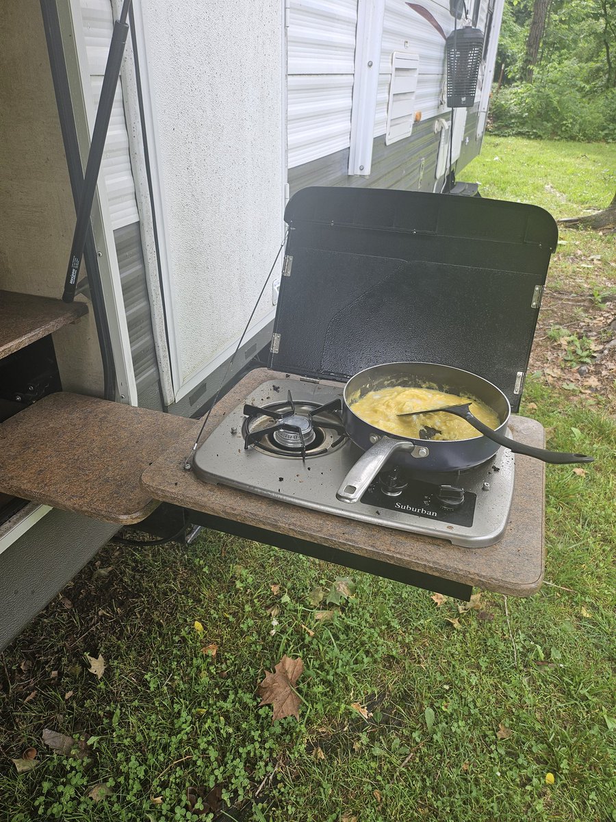 Cooking breakfast (propane outdoor kitchen on the RV).
