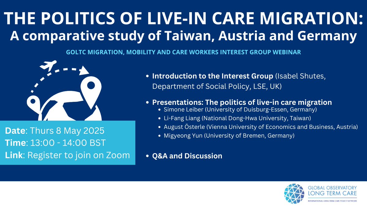Global Observatory of Long-Term Care (@globalobltc) on Twitter photo WEBINAR RECORDING NOW AVAILABLE: The politics of live-in care #migration - a comparative study of Taiwan, Austria + Germany 🌍
Watch back our webinar from 8 May feat. <a href="/AdelinaCoHe/">Adelina ComasHerrera</a>, Isabel Shutes, <a href="/LeiberSimone/">Simone Leiber</a>, Li-Fang Liang + August Österle:👉goltc.org/goltc-webinar-… WEBINAR RECORDING NOW AVAILABLE: The politics of live-in care #migration - a comparative study of Taiwan, Austria + Germany 🌍
Watch back our webinar from 8 May feat. <a href="/AdelinaCoHe/">Adelina ComasHerrera</a>, Isabel Shutes, <a href="/LeiberSimone/">Simone Leiber</a>, Li-Fang Liang + August Österle:👉goltc.org/goltc-webinar-…