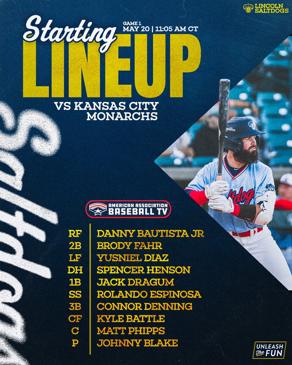 Lincoln Saltdogs (@saltdogsball) on Twitter photo Starting lineups for game one against the Kansas City Monarchs.
📍 Haymarket Park
⏰ 11:05 AM CT
📺 aabaseball.tv
📻 <a href="/KFORRADIO/">KFOR Radio</a>
#saltdogs | #unleashthefun Starting lineups for game one against the Kansas City Monarchs.
📍 Haymarket Park
⏰ 11:05 AM CT
📺 aabaseball.tv
📻 <a href="/KFORRADIO/">KFOR Radio</a>
#saltdogs | #unleashthefun
