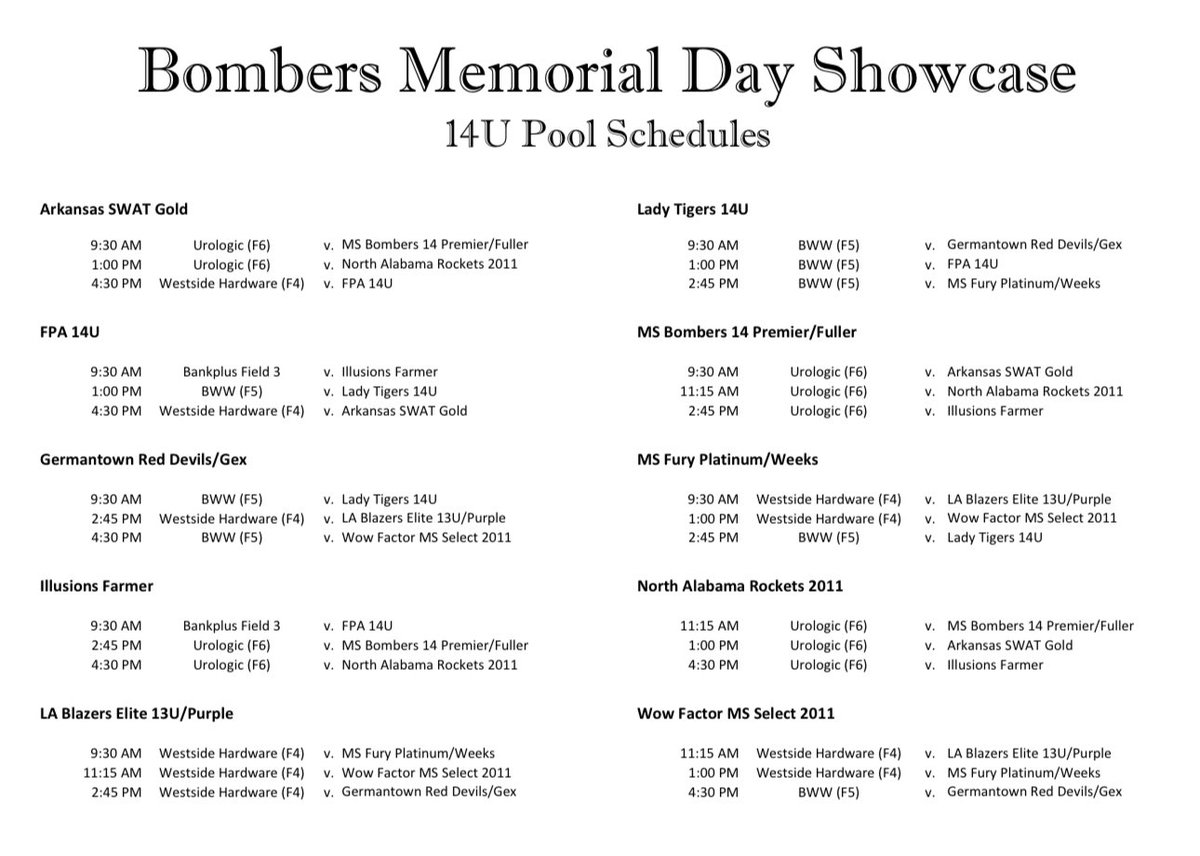 TKNIGHT11's tweet photo. 14/16/18U Pool Schedules for the weekend in Tupelo. Time to get going! #MDS2025 https://t.co/IO8Rfl2LYK