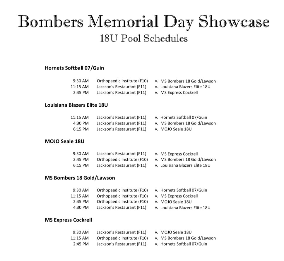 TKNIGHT11's tweet photo. 14/16/18U Pool Schedules for the weekend in Tupelo. Time to get going! #MDS2025 https://t.co/IO8Rfl2LYK
