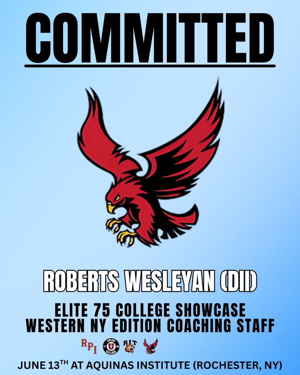 The Roberts Wesleyan Red Hawks are locked in for the Western NY #E75 College Showcase!

The Red Hawks play in the East Coast Conference (DII) and join RIT, RPI, and Union on the coaching staff thus far!

newenglandrecruitingreport.com/events/elite-7…