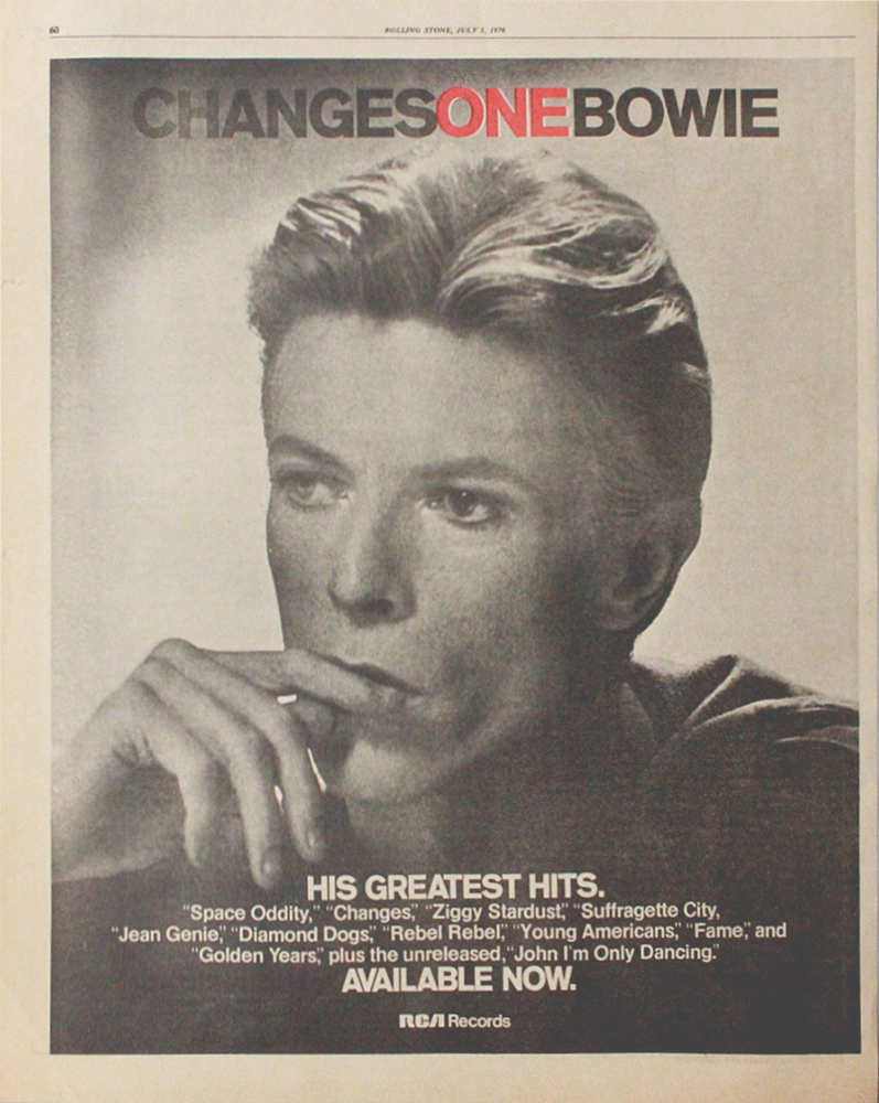 Buzz_The_Fuzz's tweet photo. #ChangesOneBowie 1976年7月1日付、米Rolling Stone誌広告。同作はアメリカだけでもミリオンのセールスを記録、アメリカで大成功したベスト盤てことになりますが、ボウイの「アメリカ時代」最後の作品でもあります。 https://t.co/etcxLaRwaH