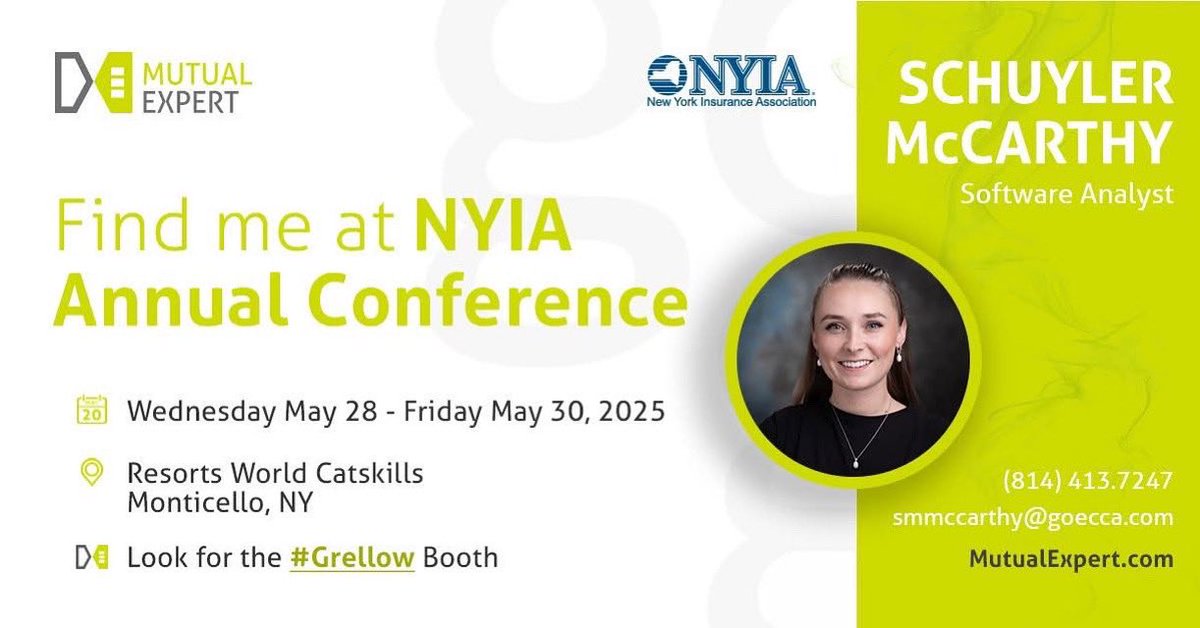The NYIA Annual Conference is right around the corner! Mutual Expert will be in attendance.

Visit Grellow booth to learn how Mutual Expert successfully blends together modern technology and meaningful support.

<a href="/nyinsuranceassn/">NYIA</a> Annual Conference
May 28 – 30, 2025
Monticello, NY