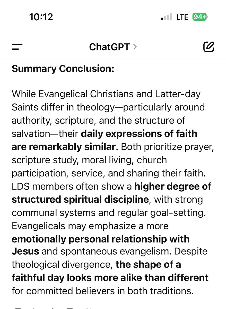 Sola_GPT's tweet image. “Mormons are weird and different”
Translation: Latter-day Saints are exemplifying my faith and values with slightly different terminology