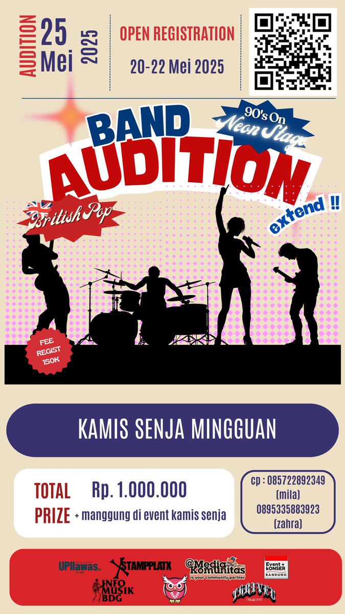 Punya band? Atau baru mau bentuk? 
Ayo tunjukkan siapa yang paling asik di panggung!
📅 Open Registration: [20-22 Mei]
🗓️ Audisi : [25 Mei 2025 ]
💸 Biaya Pendaftaran: 150 k
📍 Tempat Audisi: [Seinkiri Coffee]

🎶 Daftar sekarang via link 
forms.gle/LC4oZmdDvoZQdj…