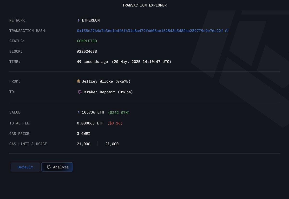 π¨ BREAKING: "π¨ NOTIZIA IN ARRIVO: Il cofondatore di Ethereum, Jeffrey Wilcke, ha trasferito $262 milioni in ETH a Kraken, secondo i dati di Arkham."