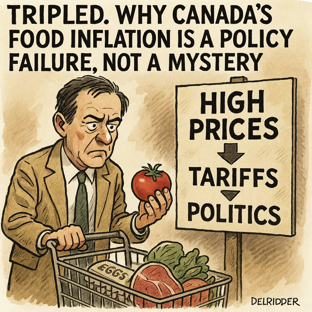 FoodProfessor's tweet photo. "Canada’s food inflation problem isn’t just imported — it’s engineered. Tariffs, trade missteps, and performative politics have all played a role. It’s time for Ottawa to stop blaming global forces and start owning the domestic decisions driving up our grocery bills."

How Ottawa Made Your Groceries More Expensive

It was expected, but still jarring. In April, food inflation in Canada surged to 3.8% — a full 2.1 percentage points above the national inflation rate, and nearly double the U.S. rate of 2.0%. Once again, food is the primary driver behind Canada’s headline inflation, amplifying affordability concerns from coast to coast.

Behind that 3.8% figure lie significant increases across key food categories. Meat prices climbed 5.8% year-over-year, with beef leading the pack at a staggering 16.5%. Egg prices rose 3.9%, while fresh fruit and vegetable prices increased by 5.0% and 3.7%, respectively. These aren’t anomalies. They reflect underlying cost pressures exacerbated by recent shifts in trade policy and supply chain strategy.

Since March, when both Canada and the United States implemented a new round of tariffs, the divergence in outcomes has been striking. U.S. food inflation has continued to cool, while Canada’s has nearly tripled over the same period.

Tripled.

In two integrated economies, this growing disparity should raise red flags.

The root causes are increasingly evident. Ottawa’s earlier decision to implement counter-tariffs disrupted long-standing North American procurement systems. In response, Canadian grocers began pivoting away from U.S. suppliers — particularly in categories like fresh produce and frozen foods — and turned to costlier or less efficient alternatives. The results are now showing up on the grocery bill.

Fortunately, that policy direction has changed. According to a recent report from Oxford Economics, Prime Minister @MarkJCarney quietly eliminated many of the counter-tariffs that had been inflating food costs. The decision, while politically delicate, was economically sound — and long overdue. Easing those restrictions is already beginning to relieve pressure along the supply chain. Over time, this could help stabilize or even slow food price growth.

But broader context matters. Among G7 nations, Canada now has the second-highest food inflation rate — behind only Japan. Food price increases in France, Germany, Italy, the United Kingdom, and the United States remain well below Canada’s. That begs the question: Why is food more expensive in Canada than in almost every other advanced economy?

The answer is not just international volatility or climate shocks. It’s also about domestic choices. Tariffs, protectionist procurement practices, and structurally limited trade flexibility have created a uniquely Canadian inflation narrative — one driven more by internal policy than by external pressures.

And Canada’s geoeconomic leverage simply doesn’t compare to that of the United States. Not even close. That’s why Carney’s reversal on food-related tariffs represents an opportunity — to reset policy priorities and adopt a more pragmatic, less performative approach to affordability.

Canadians should welcome this shift. But they also deserve transparency. Food inflation cannot be solely blamed on global disruptions or seasonal cycles. It’s time we acknowledged how much of it is homegrown.

Moving forward, federal and provincial governments must coordinate more effectively, communicate with greater clarity, and ensure that access to affordable, nutritious food remains a national priority.

Of course, there’s nothing inherently wrong with patriotic consumerism. But “maplewashing” — the marketing of imported goods under misleading “Canadian” banners — is misleading and risks undermining public trust. Worse, it can distort markets and push prices even higher. Grocers should not abuse.

As for Ottawa, symbols like “Elbows Up” and “Canada’s Not For Sale” may have mobilized support during a volatile political moment, but they should never substitute for sound economic governance. Rhetoric can only go so far — and, in some cases, it blinds policymakers to the very consequences of their actions.

Canada’s food inflation story didn’t have to unfold this way. Now that we have an opportunity to correct course, let’s not waste it.

— Dr. Sylvain Charlebois is the Director of the Agri-Food Analytics Lab at Dalhousie University and co-host of The Food Professor Podcast, brough to you by @CaddleCanada.