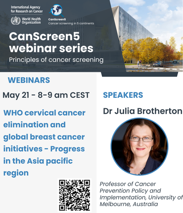 IARCWHO's tweet photo. 💻Join our #CanScreen5 webinar series - principles of #cancer screening.
Tomorrow at 8-9am CEST, Dr Julia Brotherton leads the 1st event on @WHO’s #CervicalCancer Elimination &amp; Global #BreastCancer Initiatives – Progress in the #AsiaPacific Region🌏.
https://t.co/KAXLTAinHQ https://t.co/tUkmUl2H26