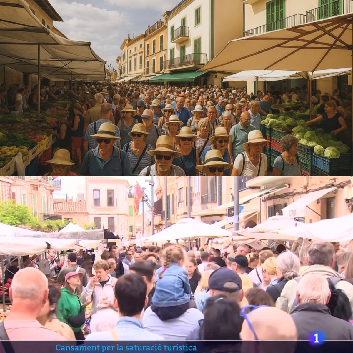 aina_escandell's tweet photo. A dalt, la imatge que Welcome to Santanyíland publicà creada per IA.

A baix, un dimecres de mercat qualsevol. 

La saturació turística és una realitat.
No és puntual. https://t.co/JlUpwhlCOm