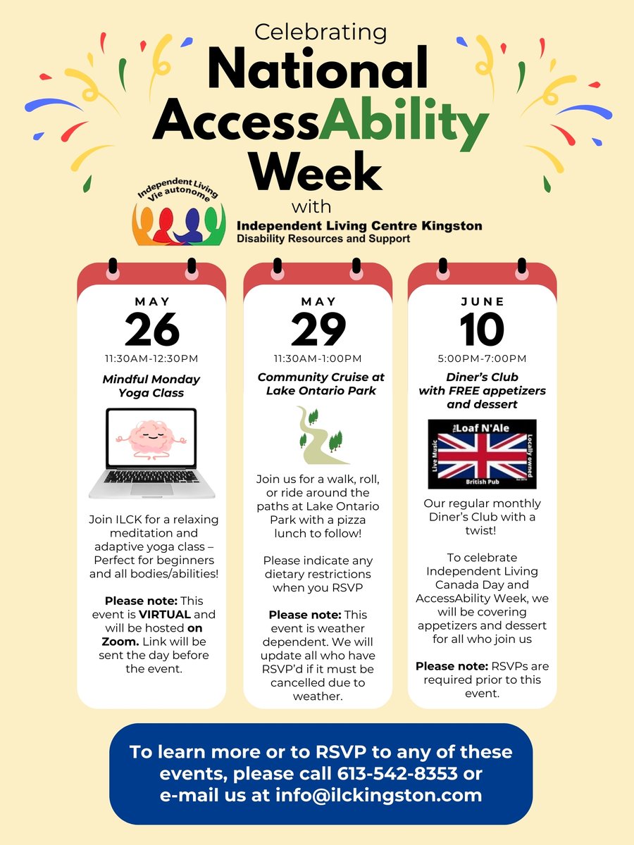 Celebrate National AccessAbility week with Independent Living Centre Kingston next week from May 26th - June 10th!! 📷

To learn more or RSVP
call: 613-542-8353 or
email: info@ilckingston.com