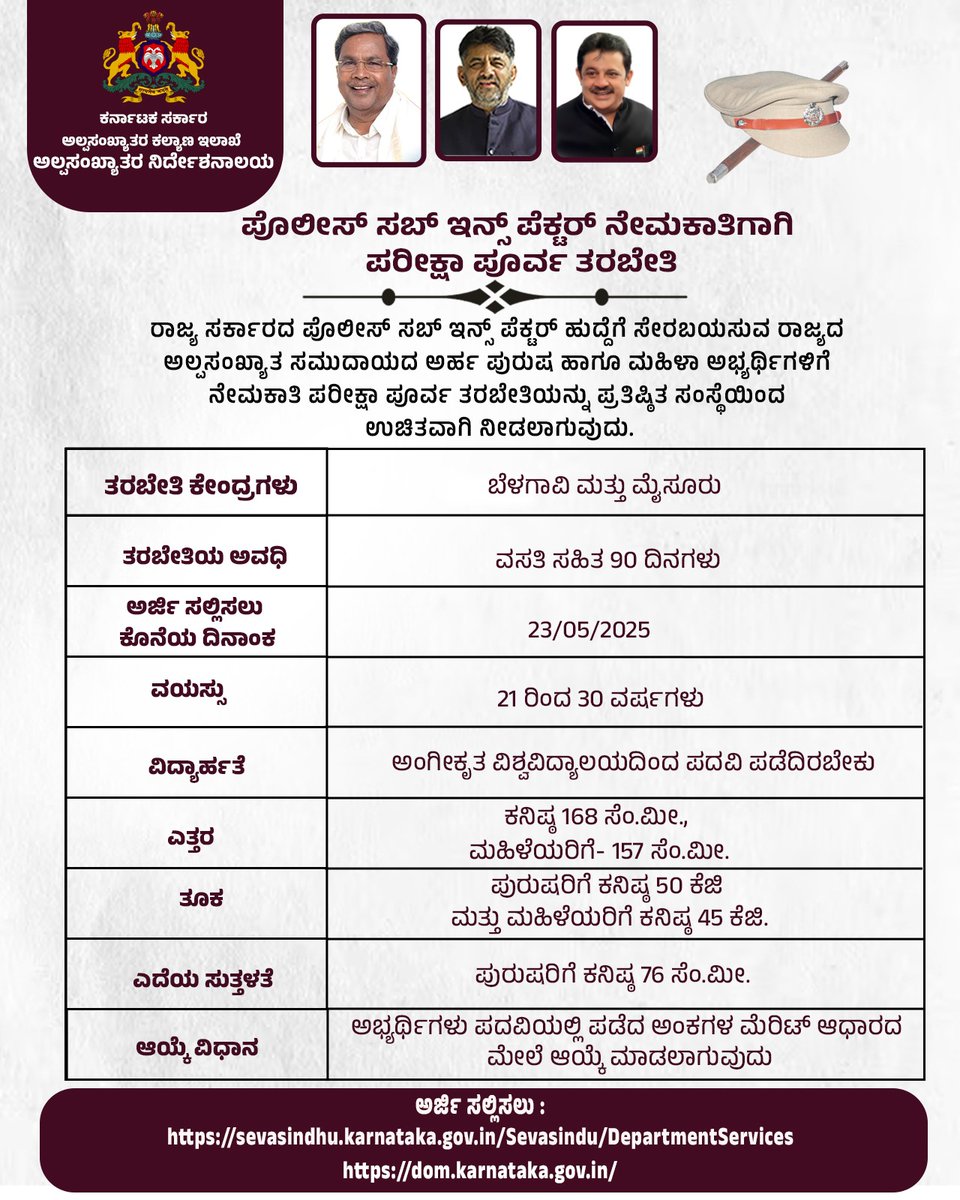 ಅಲ್ಪಸಂಖ್ಯಾತ ಅಭ್ಯರ್ಥಿಗಳಿಗೆ ಪೊಲೀಸ್ ಸಬ್ ಇನ್ಸ್ ಪೆಕ್ಟರ್ ಹುದ್ದೆಯ ಪರೀಕ್ಷಾ ಪೂರ್ವ ಉಚಿತ ತರಬೇತಿ

ರಾಜ್ಯ ಸರ್ಕಾರದ ಪೊಲೀಸ್ ಸಬ್ ಇನ್ಸ್ ಪೆಕ್ಟರ್ ಹುದ್ದೆಗೆ ಸೇರಬಯಸುವ ರಾಜ್ಯದ ಅಲ್ಪಸಂಖ್ಯಾತ ಸಮುದಾಯದ ಅರ್ಹ ಪುರುಷ ಹಾಗೂ ಮಹಿಳಾ ಅಭ್ಯರ್ಥಿಗಳಿಗೆ ಪ್ರತಿಷ್ಠಿತ ಸಂಸ್ಥೆಯಿಂದ ಪರೀಕ್ಷಾ ಪೂರ್ವ ಉಚಿತ ತರಬೇತಿ ನೀಡಲಾಗುವುದು.