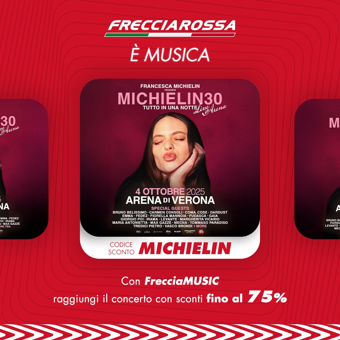 Frecciarossa_IT's tweet photo. 🎉 @francescacheeks festeggia i suoi 30 anni con un live unico all’Arena di Verona! Viaggia con #FrecciaMUSIC: usa il codice MICHIELIN e raggiungi l'Arena il 4 ottobre con sconti fino al 75% 👉 https://t.co/3u9TkDo7eo
#Michielin @VivoConcerti https://t.co/qin8Rn4HCv