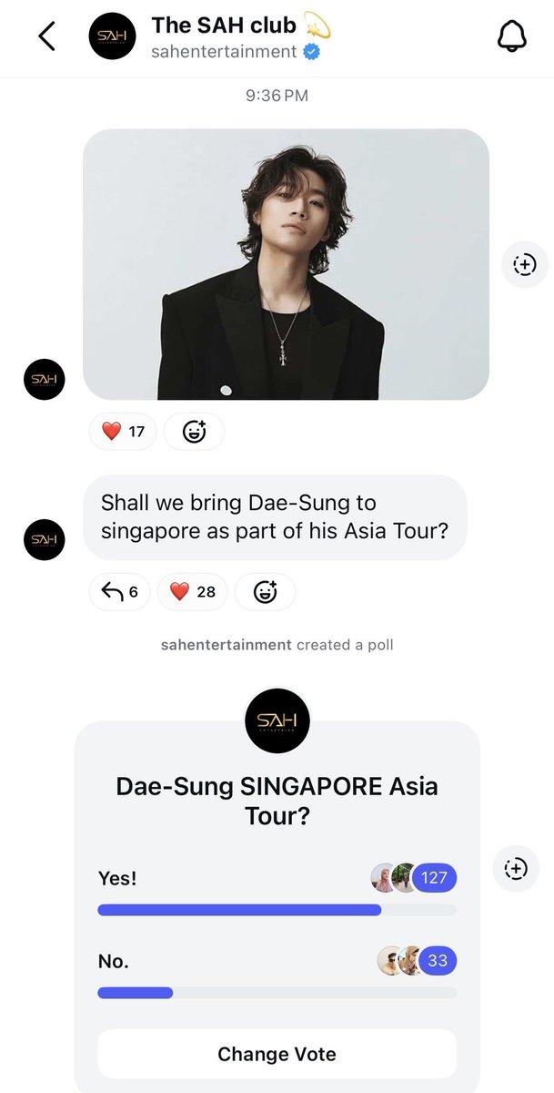 sunglasssbb's tweet photo. Please VOTE to bring DAESUNG’s D’s WAVE Tour to Singapore!! 🙏 

1. Go to SAH Entertainment IG: https://t.co/0bRCQMlNQZ
2. Click on the poll link in red
3. Join
4. Vote “Yes!” 

#대성 #DAESUNG #テソン @d_lable  #BIGBANG #빅뱅 #DsWAVE https://t.co/SHeZ2BSuNy