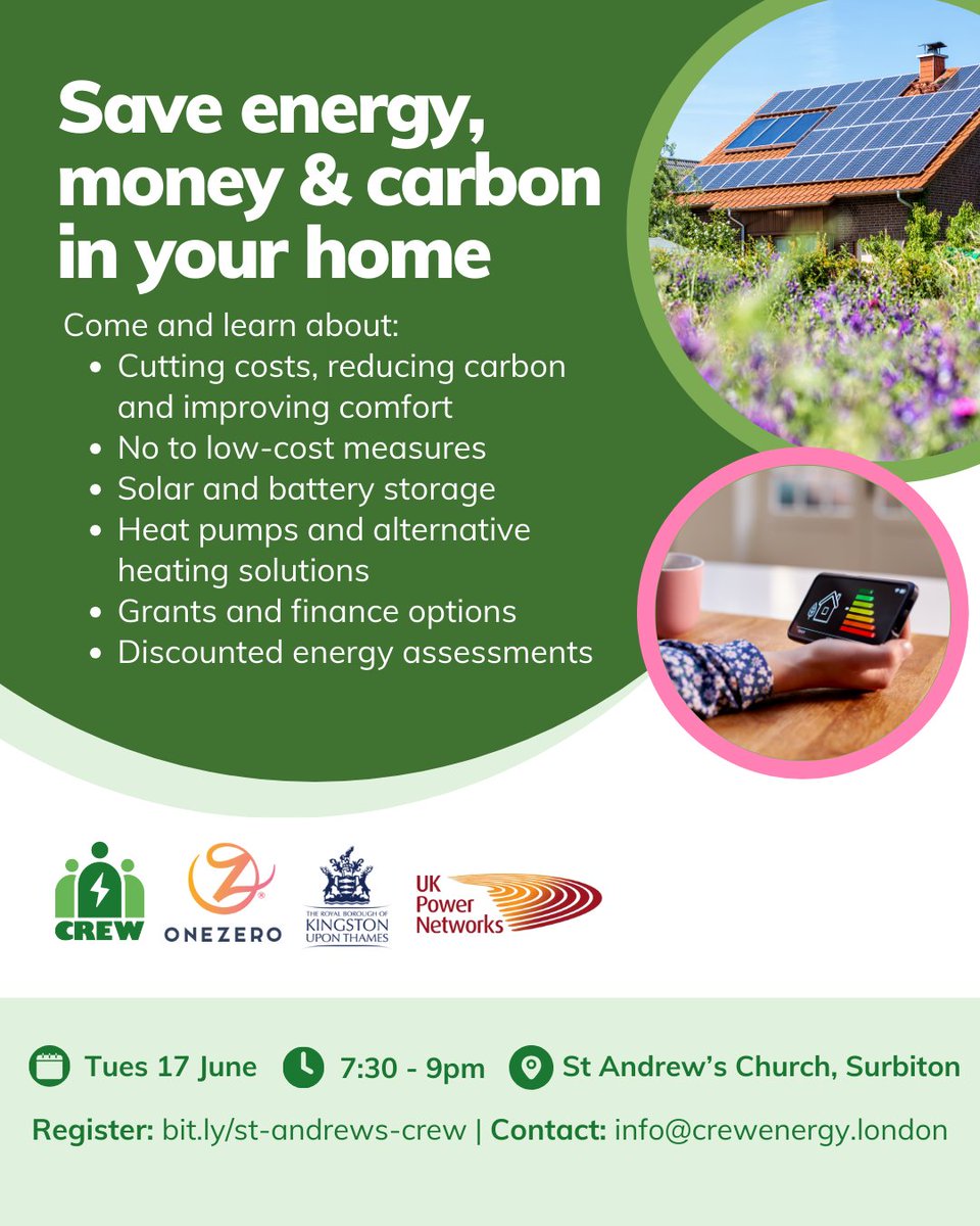 CREWEnergyLDN's tweet image. 📣 Kingston friends!
🏡 Want a greener home but not sure where to start?
Come along to our FREE home energy efficiency event on Tuesday 17 June!
More info and to register ➡️ tickettailor.com/events/crewene…
📅Tuesday 17 June, 7:30-9pm
📍 St Andrew's Church, Surbiton