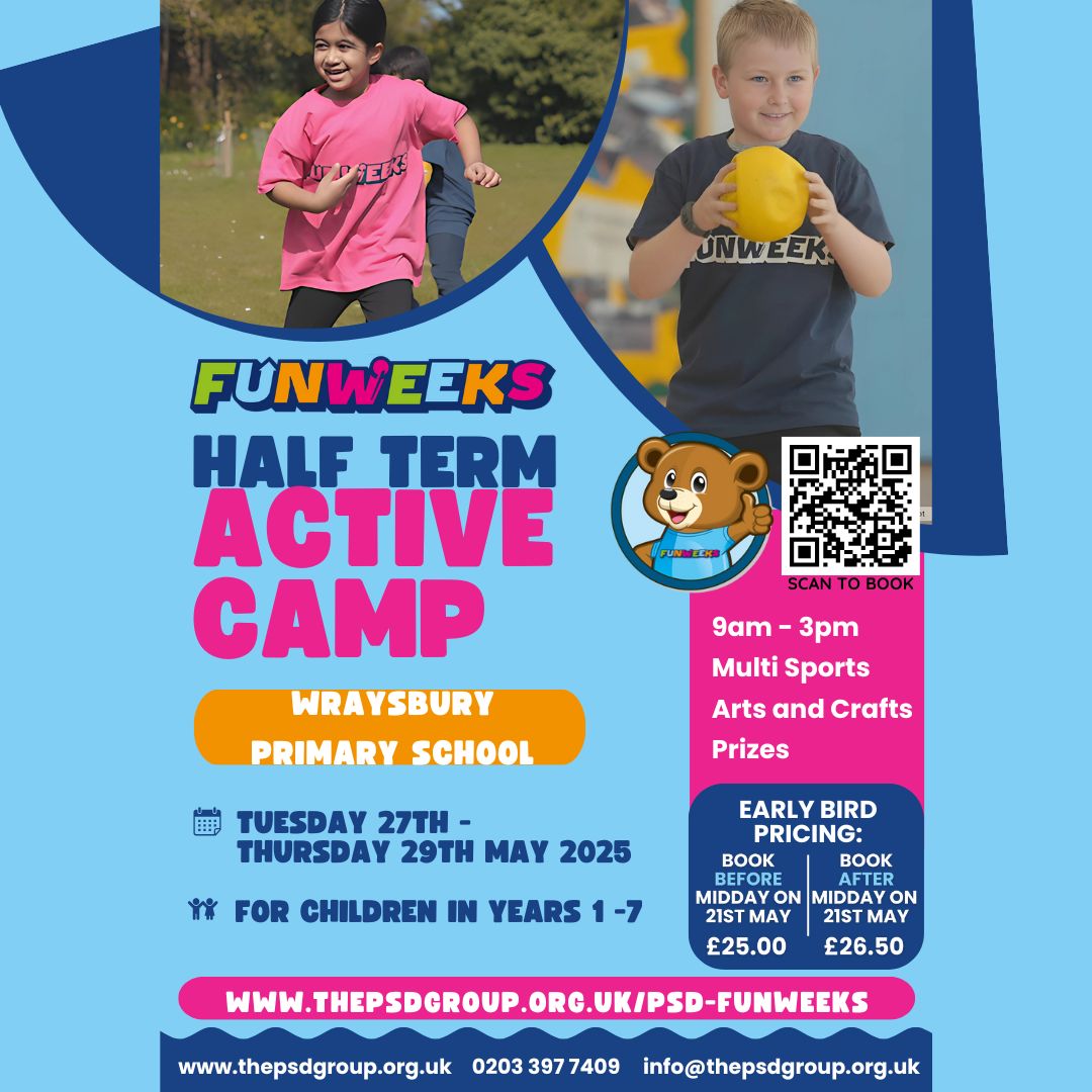 WraysburySchool's tweet photo. Reminder: Book now for the PSD Funweeks May Half Term Active Camp!

Places are filling up fast and there is still time to book now &amp; take advantage of the Early Bird discount! https://t.co/0yTYJIWjna