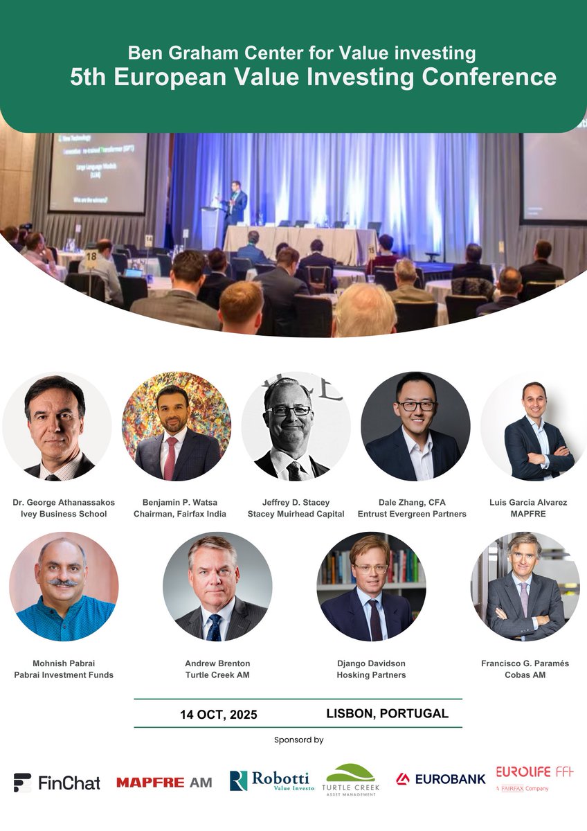antoniombbf's tweet image. Hey 👋 I'm the local organizer of the 5th European Value Investing Conference, and I couldn't be more excited about what we've put together this year.
Some of the world's top value investors are coming to Lisbon - and here's why you should join 👀