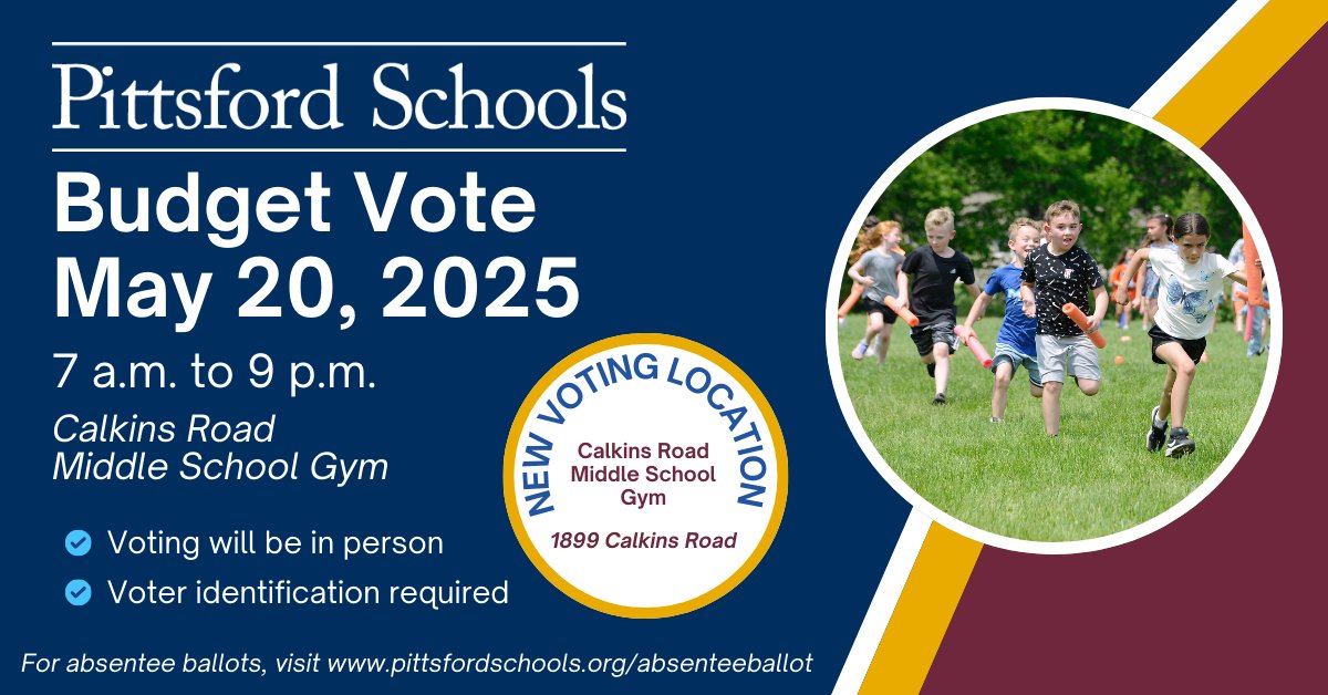 PCSD Budget vote is going on NOW at new voting location - Calkins Road Middle School Gym, 1899 Calkins Road. Polls close at 9PM. For detailed info about the budget vote and Board election, visit: pittsfordschools.org/departments/bu…