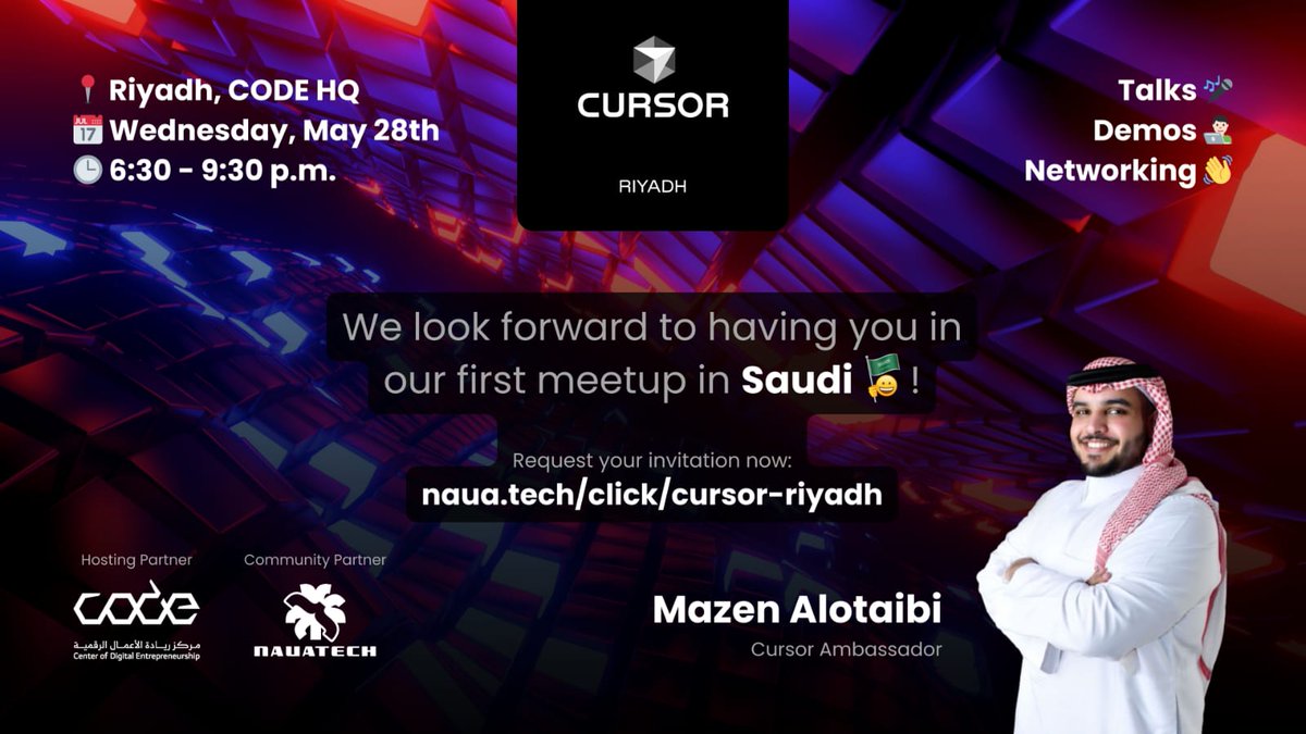 We’re thrilled to announce the very first in-person meetup for the Cursor community in Riyadh!

🚀 Whether you’re a developer, researcher, or just curious about AI-powered productivity — this event is for you. It’s your chance to learn, connect, and get inspired by the future of